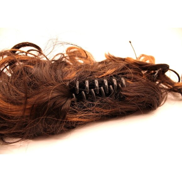 Curly Clip In Hair Extension 10" Ponytail Bun Brown Caramel Highlights Claw Clip - Picture 7 of 10